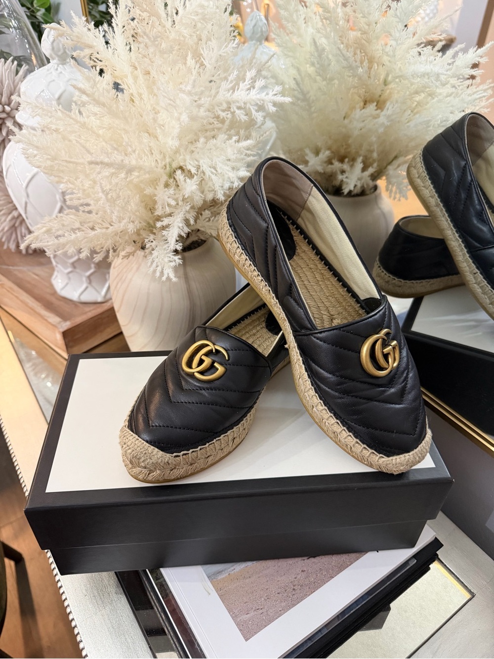 Gucci Black Quilted Leather Espadrilles with Gold Double-G